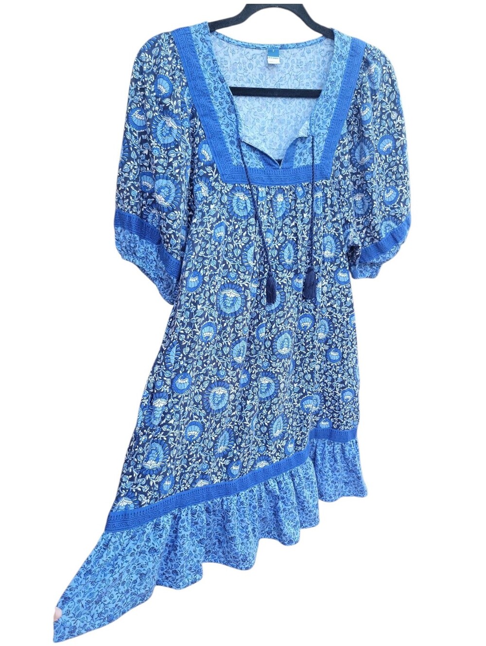 Old Navy Blue Floral Peasant Babydoll Mini Dress Size Sm Boho Cotton Puff Sleeve - Picture 8 of 16